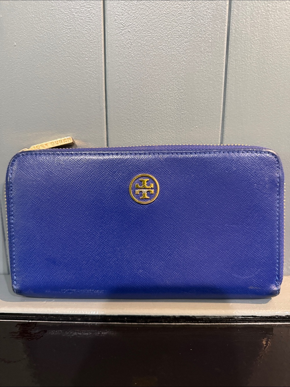 Tory Burch Royal Blue Saffiano Zip Wallet with Gold Logo